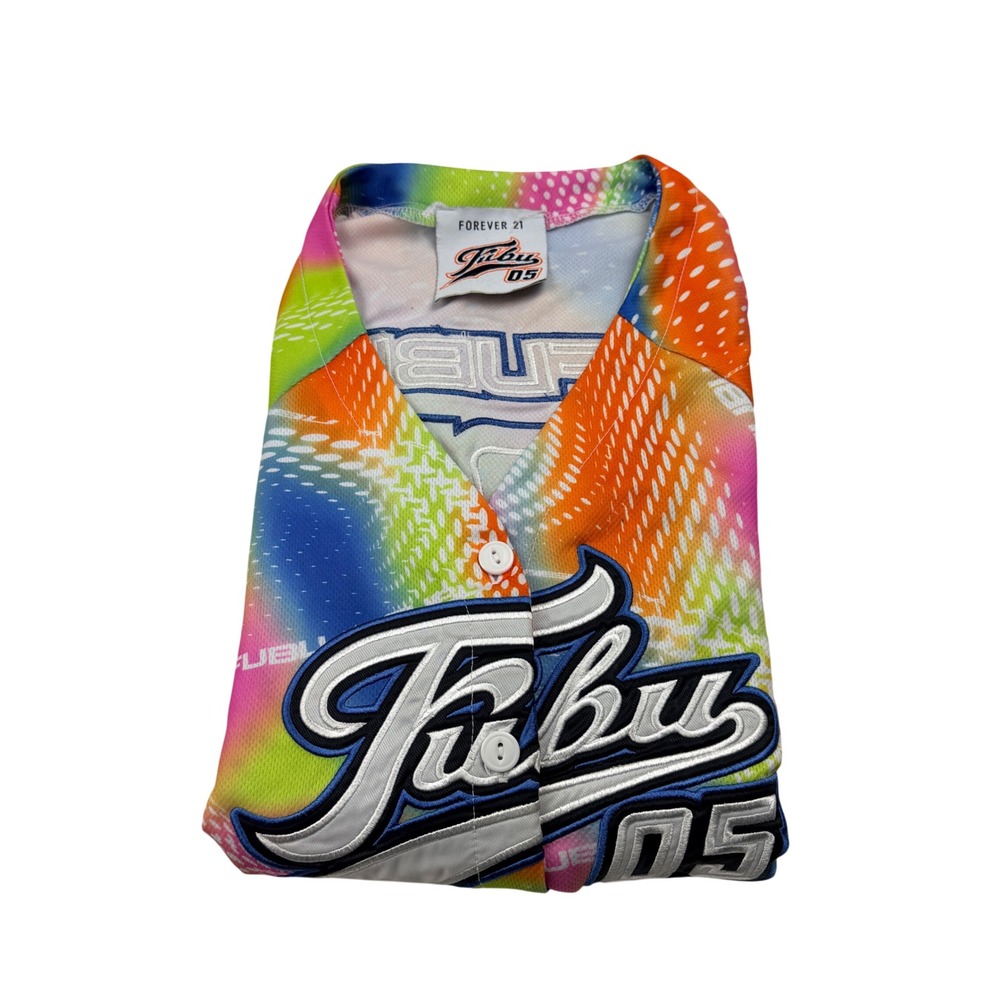 FUBU x Forever 21 Womens Baseball Jersey Shirt Multicolor Rainbow Button‎ Up M